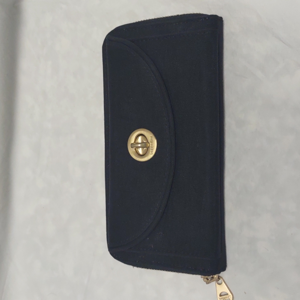 Black Baggalini RFID Zip Wallet with Brushed Gold Tone Hardware.